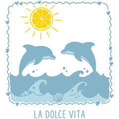 Cute cartoon dolphins jumping in blue ocean waves, a perfect summer illustration