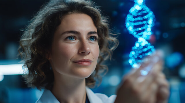 Woman in lab working with holographic DNA model and scientific equipment - Powered by Adobe