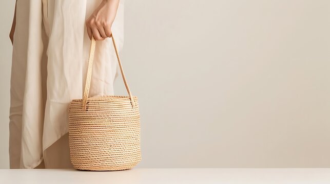 Woman Holding Straw Bag, Summer Fashion Accessory