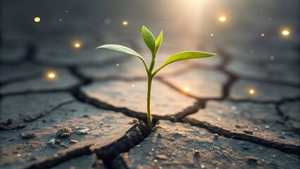 A small green plant emerges from the parched earth, bathed in sunlight