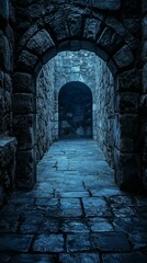 Walking Through Stone Archway in Dark Mysterious Tunnel
