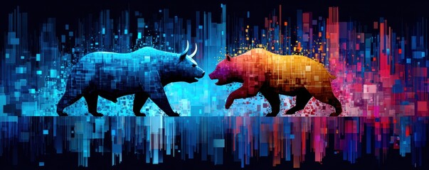 Economic risk and financial instability concept. Digital illustration of a blue bull and an orange bear facing each other, symbolizing stock market trends with abstract data bars in the background.