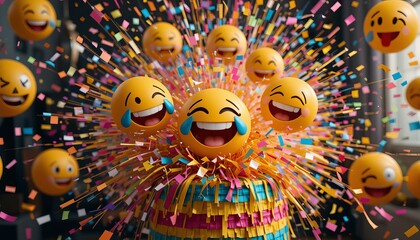 A vibrant image featuring emoji faces, confetti, and a colorful striped piñata base