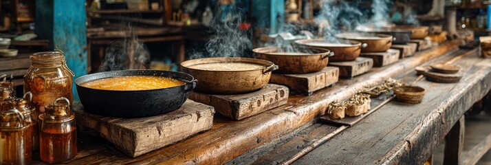 Kitchen setup featuring traditional cooking pots in a rustic setting with steam rising, indicating fresh food preparation during daytime