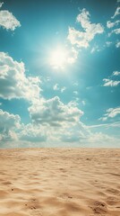 Sandy Beach Under Bright Sun with Cloudy Blue Sky