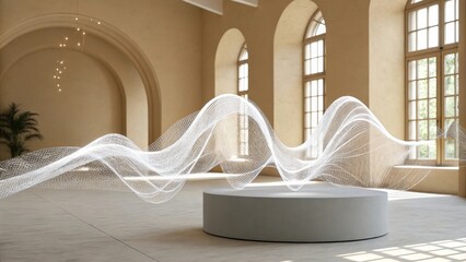A luminous white wireframe sculpture of a sound wave gracefully floats above a cylindrical pedestal in a spacious sunlit room with arched windows and subtle architectural details