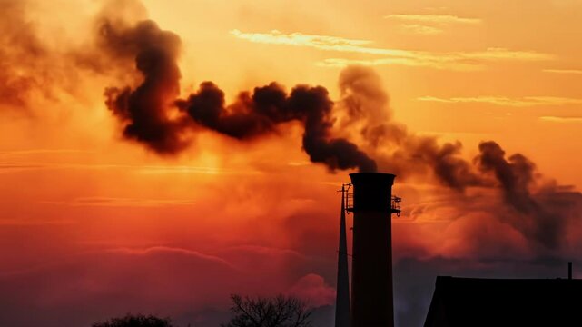 Industrial smokestacks emit thick black smoke against dramatic orange sunset sky creating environmental pollution scene with silhouetted factory chimneys and atmospheric evening lighting