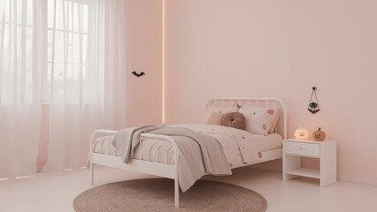 Children design a minimalist Halloween-themed bedroom with soft lighting, pastel pumpkin decor, and a clean aesthetic style