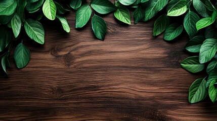 Lush green leaves frame a rich dark brown wooden background, providing copy space.