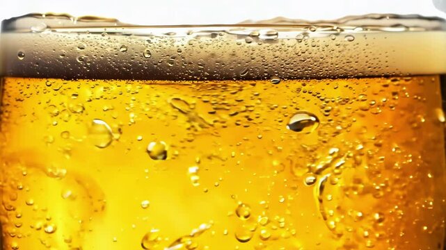 Golden beer with white foam bubbles actively rising through amber liquid surface creating effervescent carbonation movement and refreshing alcoholic beverage texture with crystal clear transparency