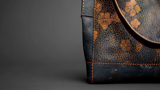 Close up of a textured dark blue leather bag with orange crackle pattern