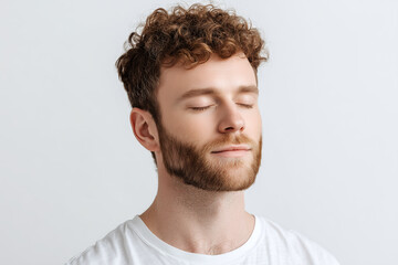 Naklejka premium Young man with curly hair and beard closes his eyes peacefully, visualizing calm and relaxation while wearing white shirt against plain light background