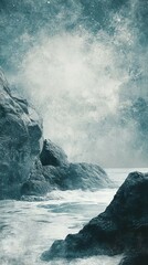 Ocean Waves Crashing on Rocky Shoreline with Abstract Sky Texture