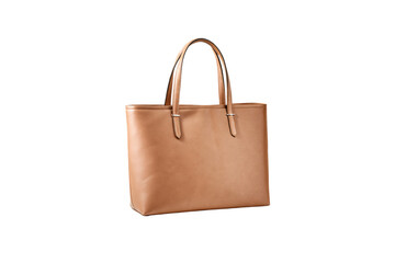 Classic tan leather tote bag with dual handles and clean minimalist design, isolated on a transparent background