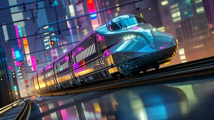 Futuristic silver bullet train racing through a neon-lit cityscape - Powered by Adobe