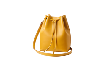 Golden yellow leather bucket bag with drawstring closure and adjustable crossbody strap, isolated on a transparent background
