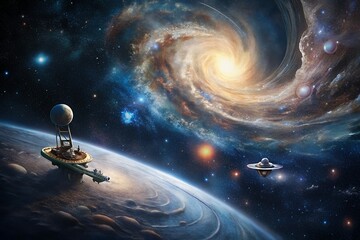 Futuristic space station orbiting a planet with a swirling galaxy and ufo in the background