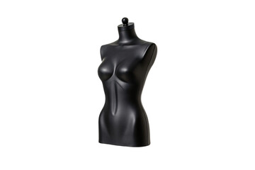 Black female dress form mannequin torso with curved silhouette for fashion display purposes, isolated on a transparent background