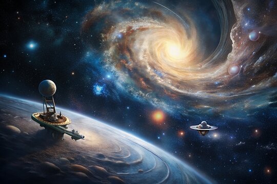 Futuristic space station orbiting a planet with a swirling galaxy and ufo in the background