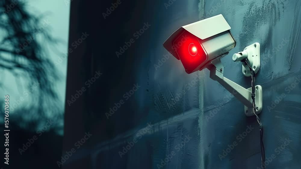Poster security camera with red light mounted on textured wall. moody dark background with blurred tree sil