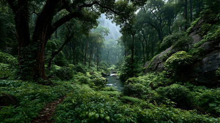 Fototapeta premium Serene Lush Forest River Landscape