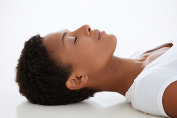 Naklejka premium Young woman lying down with eyes closed in relaxed pose, calm expression, soft lighting, and smooth skin, wearing white shirt, isolated on white background