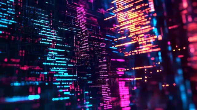 Matrix-inspired falling code with neon text and glitch light effects, infinite loop in digital style