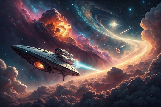 Futuristic spaceship navigates through a vibrant cosmic nebula with distant stars