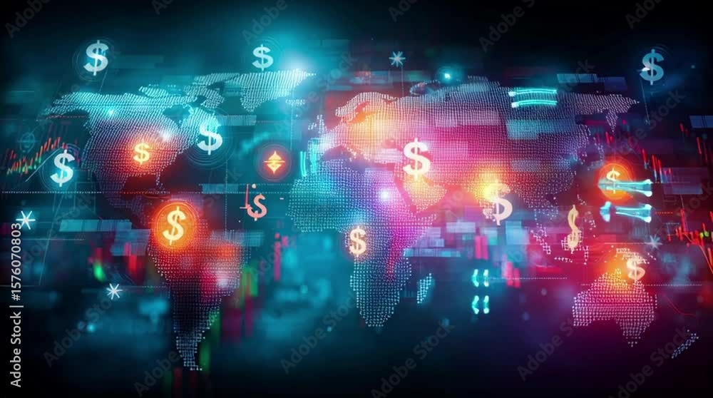 Poster futuristic data visualization with glowing network lines over a world map, depicting interconnectedn