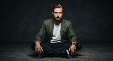 A bearded man in a blazer sitting cross legged on the floor in a dark room looking at the camera