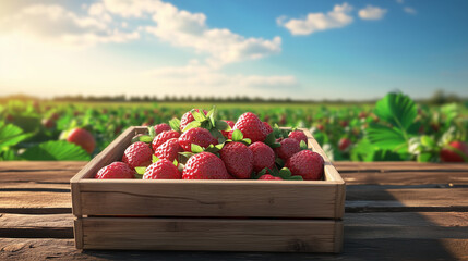 A box of ripe strawberries stands on the table