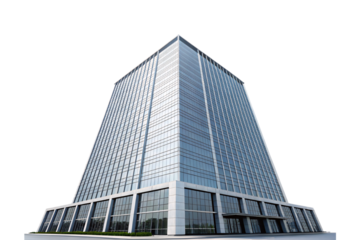 Tall glass skyscraper with reflective windows and modern corporate architecture reaching toward the sky, isolated on a transparent background