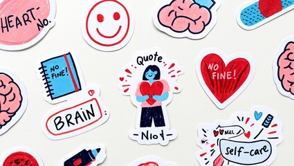 Collection of hand drawn stickers featuring positive affirmations and self care themes like hearts brains and smiley faces
