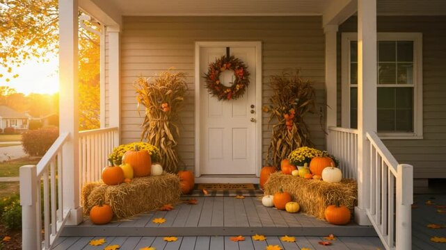 Cozy autumn porch decorated with pumpkins and hay bales at sunset  