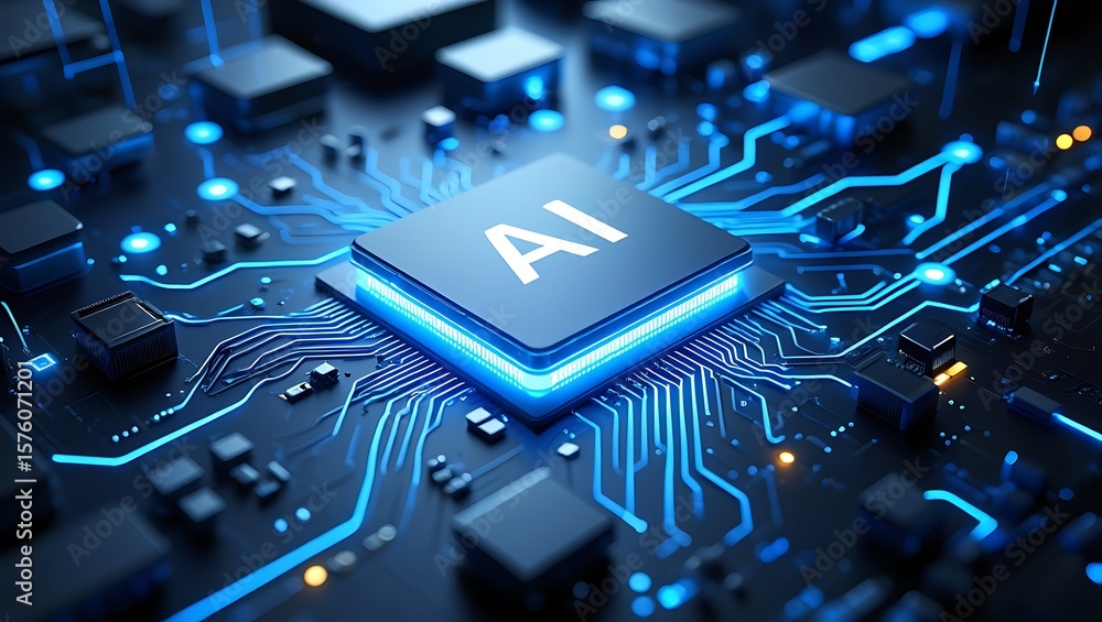 Aufkleber ai processor unit on circuit board with glowing traces, futuristic motherboard with ai chip and blue