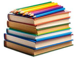 Diagonal Layout of Bright Pencils on Textbooks, Back-to-School Theme Isolated PNG 