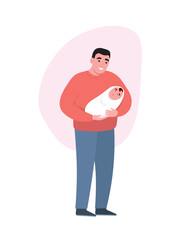 Dad holds baby in his arms. Father takes care of newborns. Vector flat graphics.