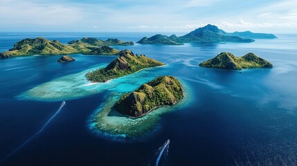 Aerial view of multiple lush green islands surrounded by clear blue ocean waters under a bright sky.
