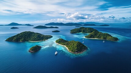 Aerial view of multiple tropical islands surrounded by clear blue ocean under a partly cloudy sky.