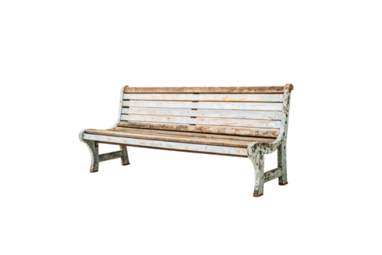 Weathered wooden park bench with metal frame, peeling paint, and rustic outdoor furniture appearance, isolated on a transparent background