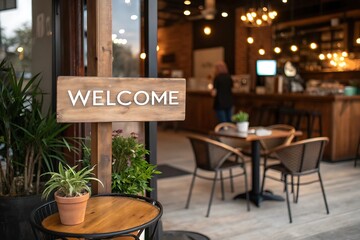 Wooden welcome sign outside cafe with plants and seating wooden sign restaurant