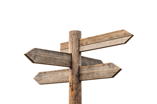 Multi-directional wooden signpost with five arrow-shaped planks pointing in different directions on vertical post, isolated on a transparent background
