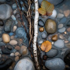 Autumn Riverbed Stones Birch Branches Leaves Abstract Nature Photography