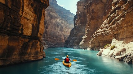 A person kayaking through a narrow, rocky canyon with steep cliffs and calm blue water under a bright sky.