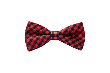 Red and black checkered bow tie with diagonal plaid pattern and classic formal style, isolated on a transparent background