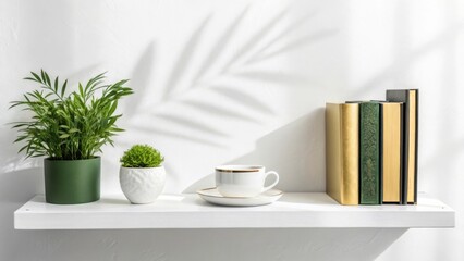 A minimalist shelf arrangement featuring a potted plant a coffee cup and a stack of books with soft shadow accents on a white wall