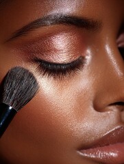 Close-Up of Eye Makeup Application with Metallic Pigments and Highlight on Glowing Dark Skin