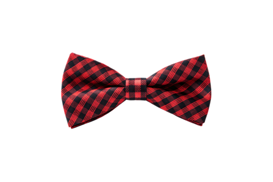 Red and black checkered bow tie with diagonal plaid pattern and classic formal style, isolated on a transparent background