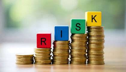 Colorful "RISK" Blocks on Growing Coin Stacks: A Conceptual Photography Depiction of Financial Concepts