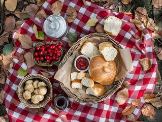 Autumn Picnic Basket Bread Jam Cherries Outdoors